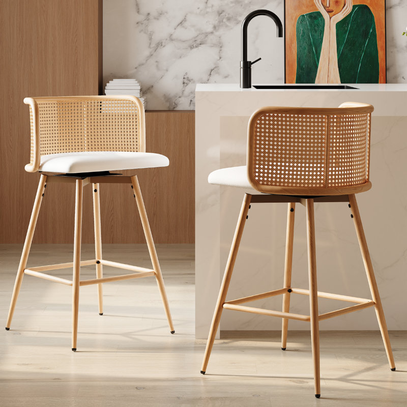 26"H Rattan Swivel Bar Stools Set Of 2, White