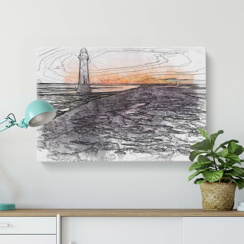 Lighthouse With Orange Sunset In Abstract - Wrapped Canvas Print, 60cm H x 91cm W x 3cm D