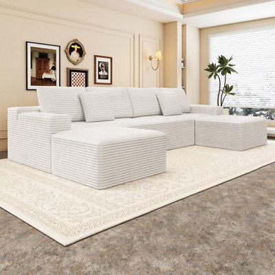 Koli 138" U-shaped Sectional Couch, Compression Modular Sofa for 6 Person, White Corduroy