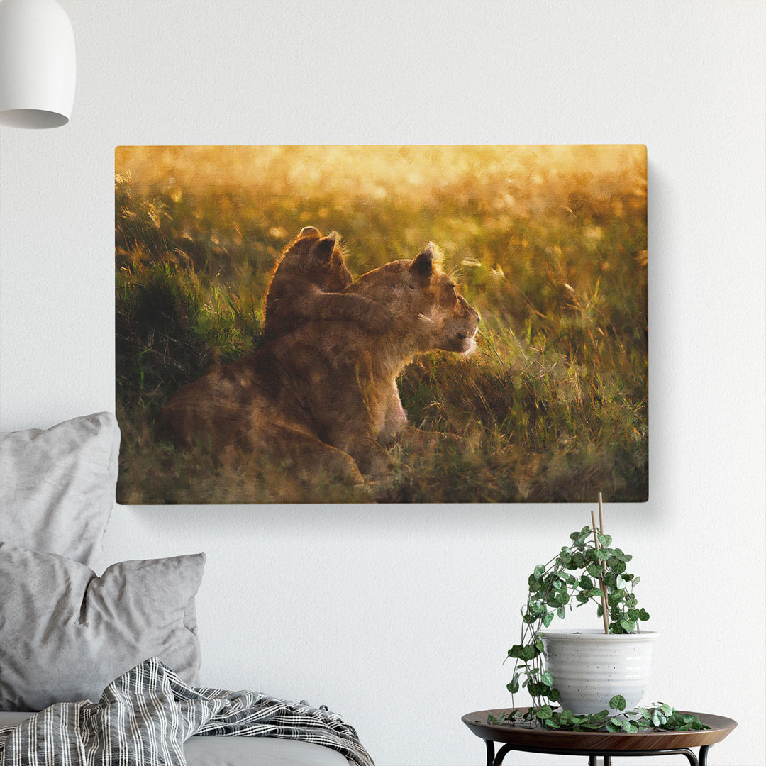 Lioness With Lion Cub - Wrapped Canvas