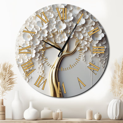 White Orchid Tree Garden Of Branches VII - Tree Floral Golden Face Wall Clock