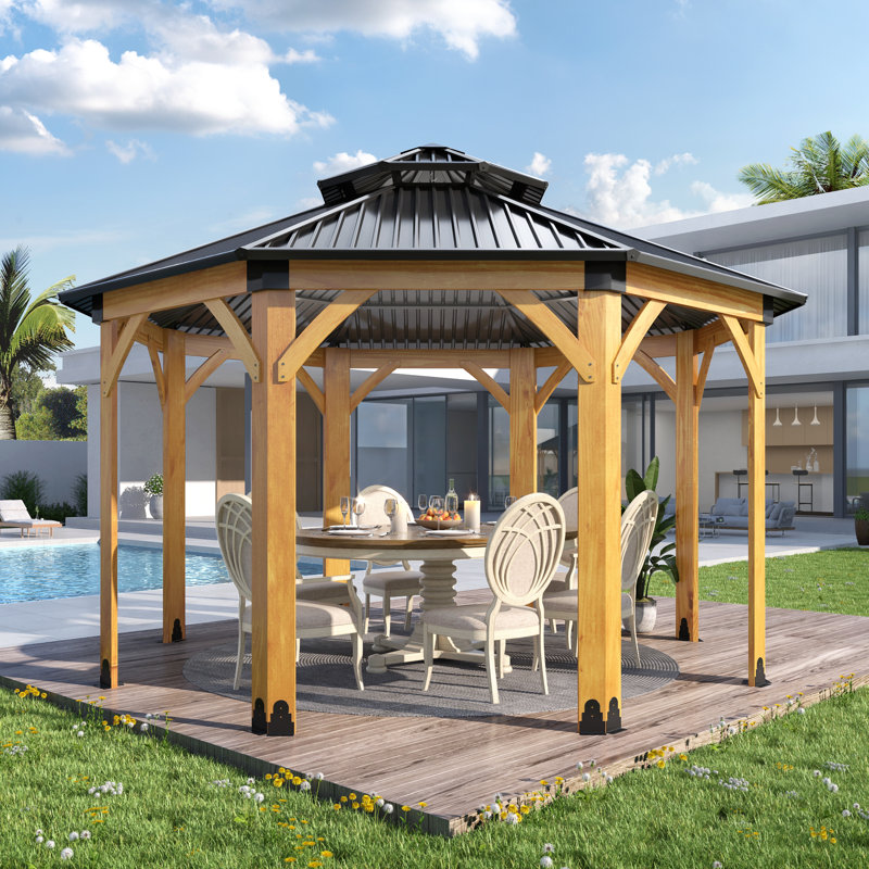 13 pi. L 13 pi. D Pavillon de jardin octogonal en bois d'épinette avec toit rigide en acier à deux niveaux et crochet de plafond