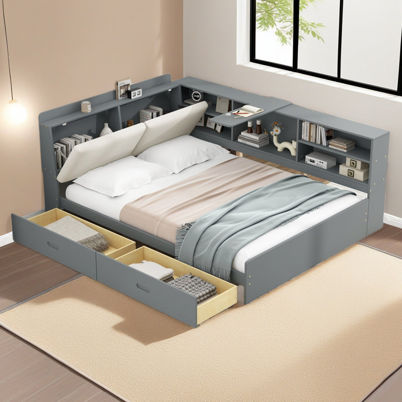 Lit plateforme en bois avec tête de lit, tablettes et 2 tiroirs, Gris