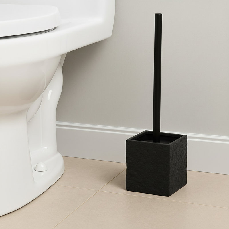 Ensemble de brosse de toilette carrée et porte-pierre effet pierre, Noir, noir, noir, noir