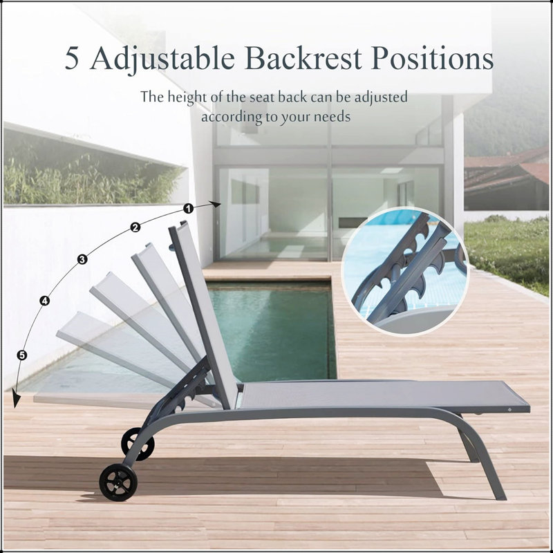 Chaise Lounge Outdoor With Wheels, 5 Adjustable Positions For Ultimate Comfort And Relaxation, Gray