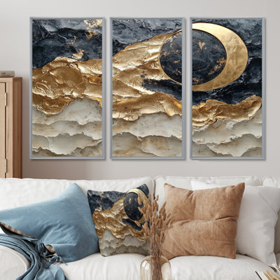 Golden Eclipse On Marble Dancing Waves I - Abstract Realism Wall Art For Living Room - Set Of 3