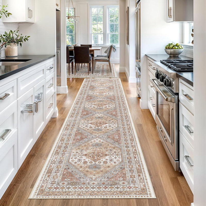 Medallion Non Slip Washable Rug(Orange), Runner 2'6" x 14'