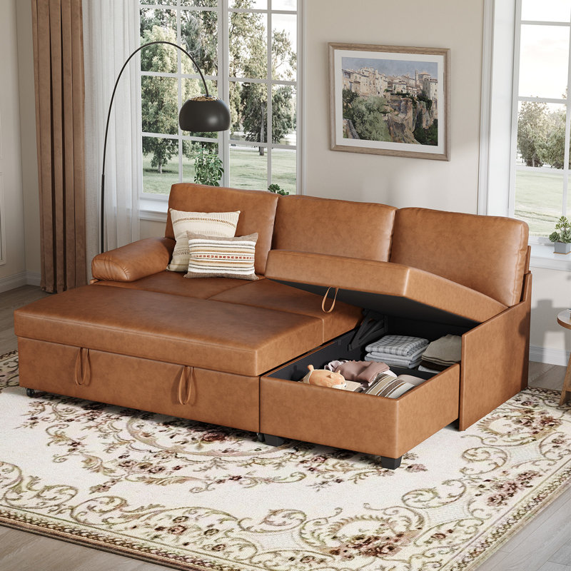 80'' Upholstered Sleeper Sofa, Pull Out Bed With Storage Chaise For Living Room Bedroom Apartment, Dark Brown Faux Leather