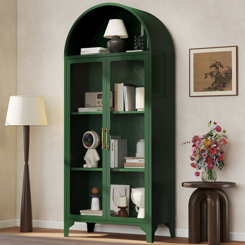 73.6" Arched Metal Storage Display Cabinet with Adjustable Shelves and Glass Doors, Green