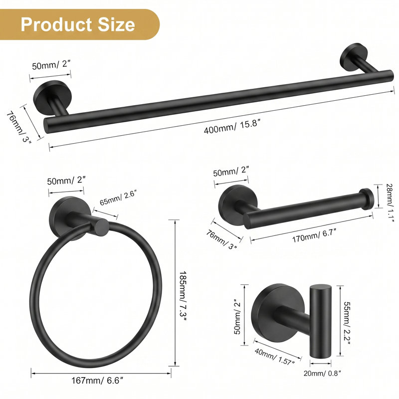 Bathroom Hardware Set Towel Bar Set, 16 in., Matte Black, 5 Pieces