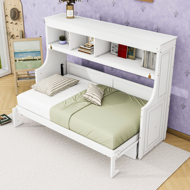 Lit escamotable simple avec bureau intégré et rangement, Blanc