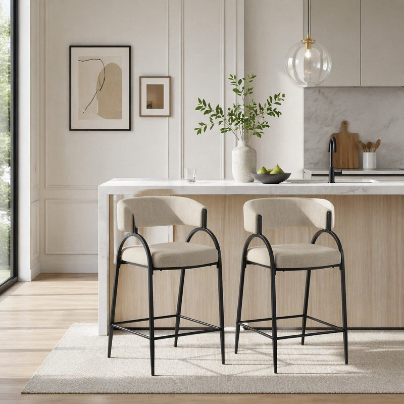 Tabourets de bar modernes en tissu avec dossier, structure en métal noir