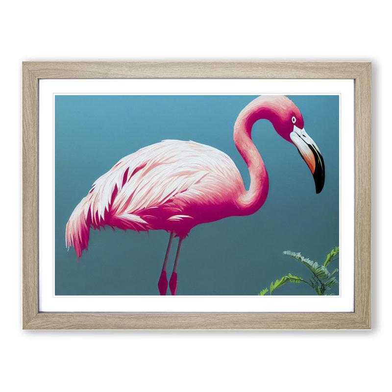 Electrifying Flamingo - Single Picture Frame Painting, 25cm H x 34cm W x 2cm D, Oak