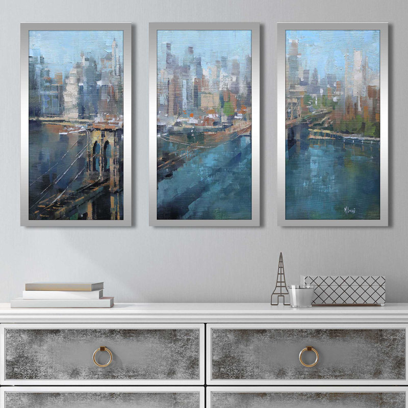 «Brooklyn Bridge» par Mark Lague - peinture sur cadre 3 pièces, L 52,5 po x H 33,5 po x P 1 po