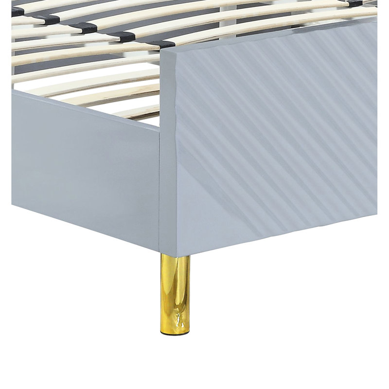 Grand lit gris au fini lustré gris avec motif ondulé et métal, 26 lattes, 2 pieds de soutien, capacité de poids de 660 lb avec métal entièrement en kd, contreplaqué, limite