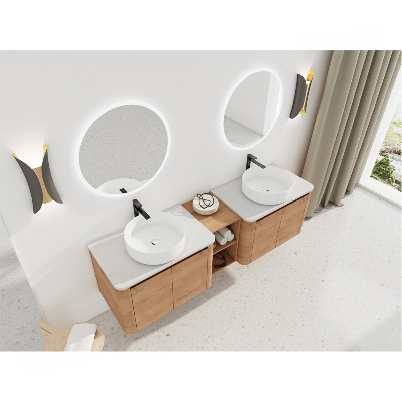 Meuble-lavabo mural 72 po avec lavabo d'art en céramique et 1 tablette de rangement, 4 portes à fermeture en douceur, contreplaqué
