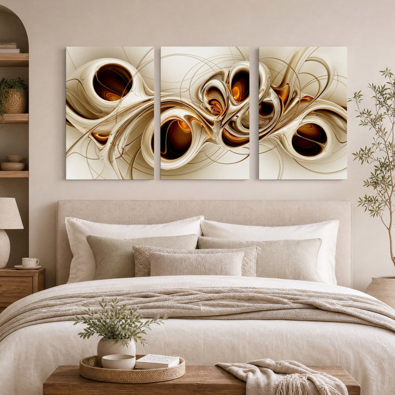Ensemble de 3 toiles murales abstraites aux formes fluides dans des tons or et bronze, 24"H x 16"W x 3pcs