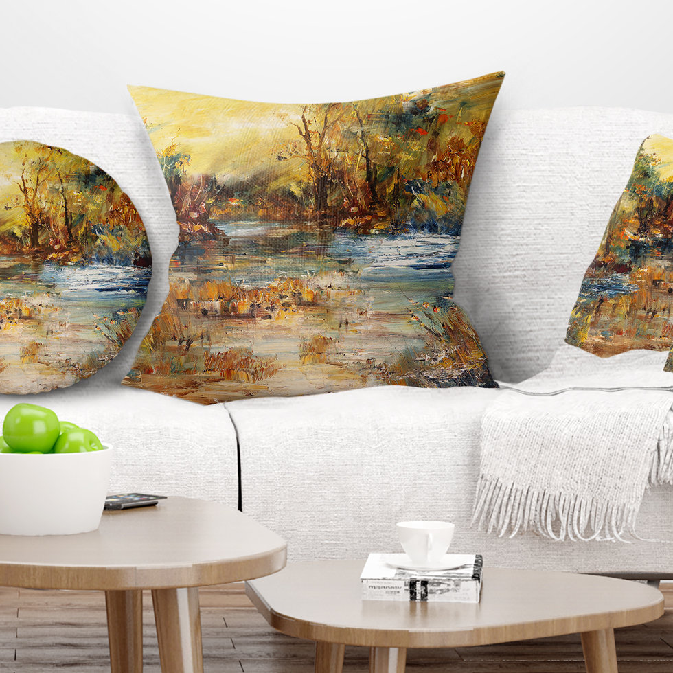 Design Art River in Forest Oil - Landscape Printed Pillow | Wayfair