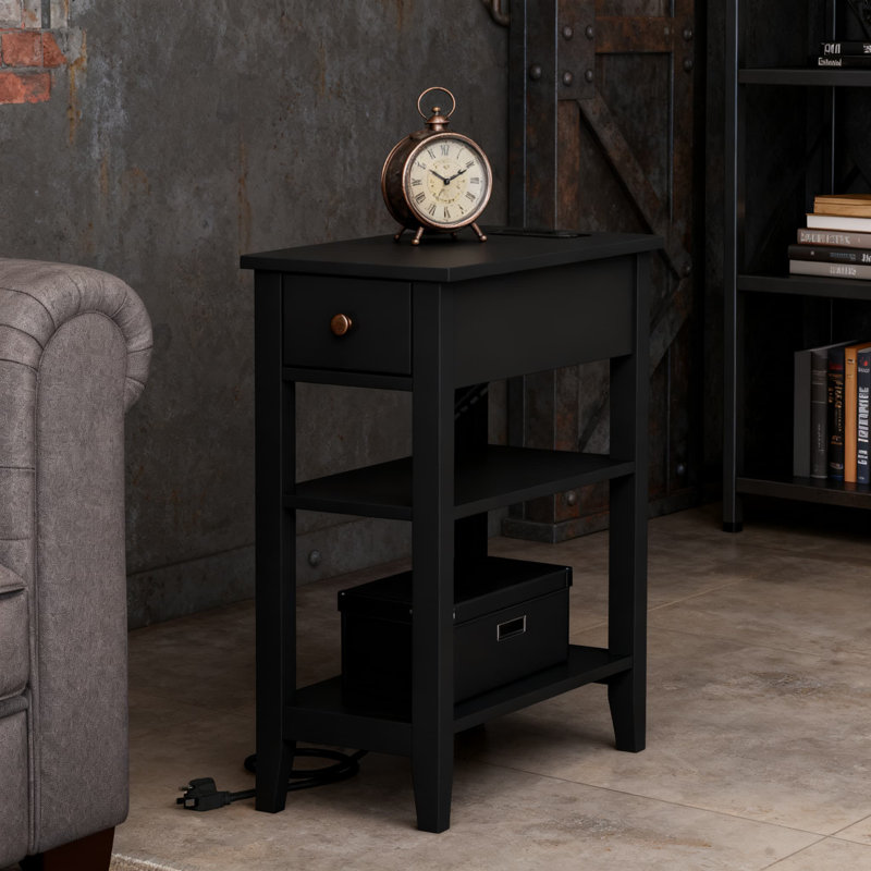 Table de bout mince avec station de charge, table d'appoint étroite à 3 niveaux avec ports USB et prises de courant, tiroir de rangement caché et tablettes ouvertes pour les petits espaces