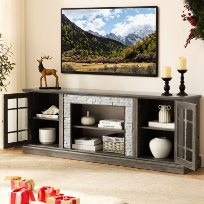 69.66" Wide Grey Faux Stone Tv Stand, 2-door Storage, Suitable For Tvs Up To 75", 3 Adjustable Shelves