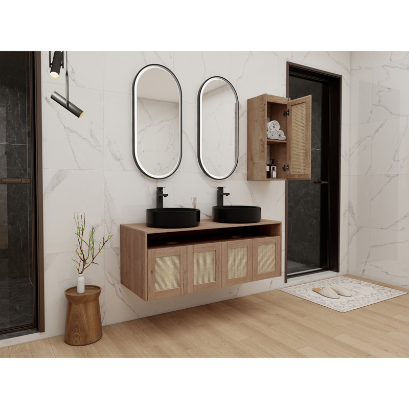 Meuble-lavabo de luxe 48 po avec 2 lavabos en céramique et armoire latérale, 4 portes à fermeture douce, montage flottant, contreplaqué (emballage KD)