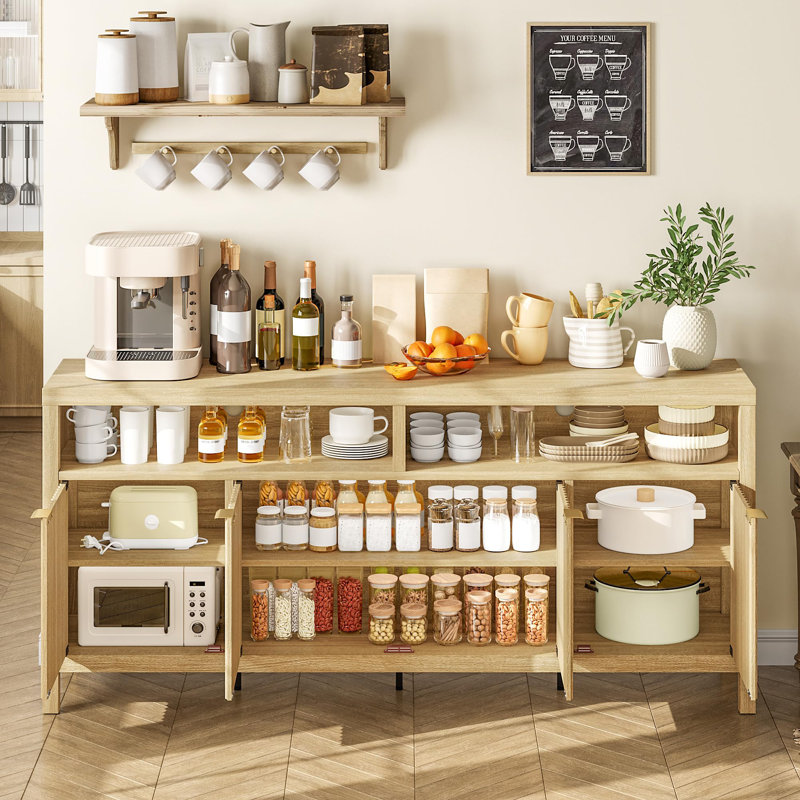 65.8" Fluted Sideboard Buffet Cabinet with 4 Adjustable Shelves, Modern Storage for Dining Room, Natural