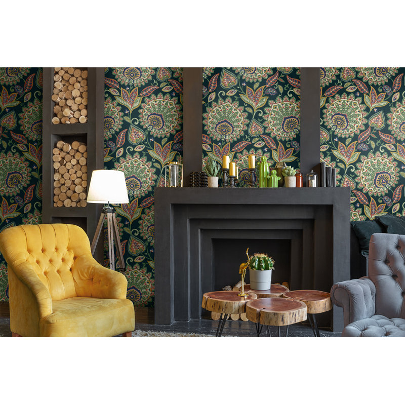 Manhart Non-Pasted Floral Wallpaper Roll, Black/Red/Green/Gold/Cream
