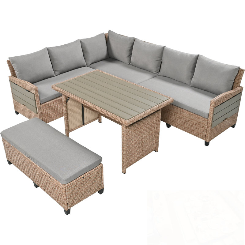 Ensemble modulaire d'extérieur en rotin 5 pièces avec 2 tables d'appoint extensibles PE