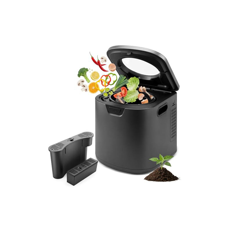 NutriChef 4 Quart Electric Kitchen Composter | Smart Countertop Composter Includes 2 Odorless Carbon Filters | Electric Compost Bin for Indoor Use | 3 Volume Based Modes Small, Medium & Large | Gray