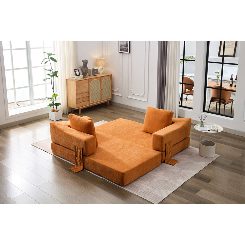 Lit escamotable en chenille de style rétro, de couleur orange - coussin amovible et moelleux pour la détente, base pliable du lit du salon, revêtement en teinture