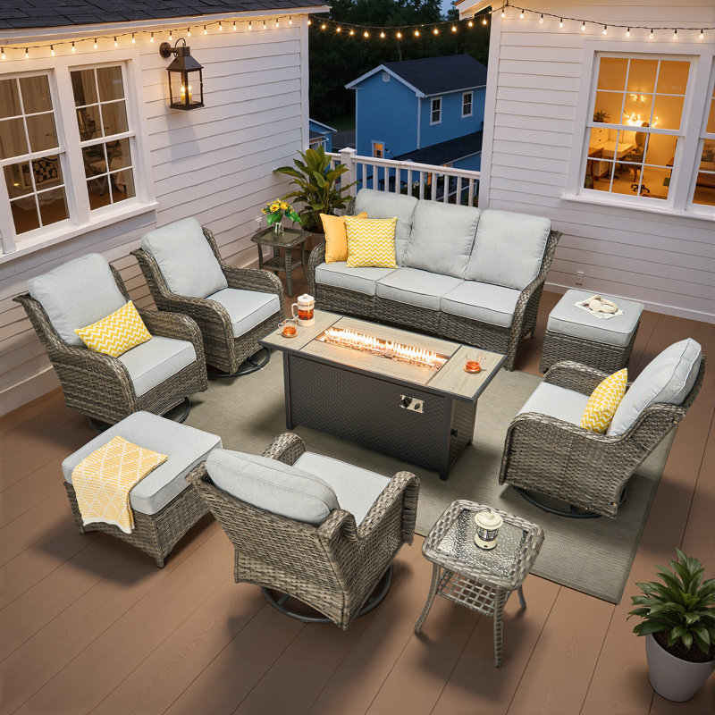 7 - Person Wicker Outdoor Conversation Set, Patio Sofa & Swivel Chair Set with Fire Pit and Cushions, Yes