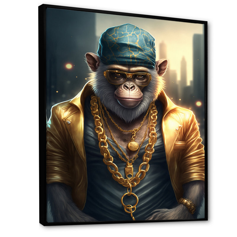 Monkey Gangster in NYC I - Impression sur toile, H 20 po x l 12 po x P 1 po, Toile avec cadre flottant noir