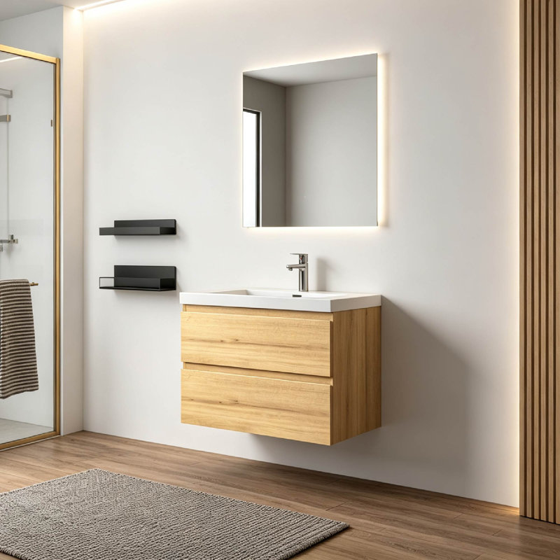 Meuble-lavabo mural double avec plateau en pierre blanche brillante pour salle de bain moderne, 30"