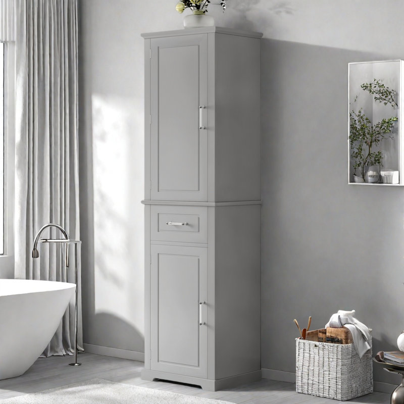 Tall Bathroom Storage Cabinet With 2 Different Size Doors, Adjustable Shelf, Door Shelve Design And Drawer, Gray