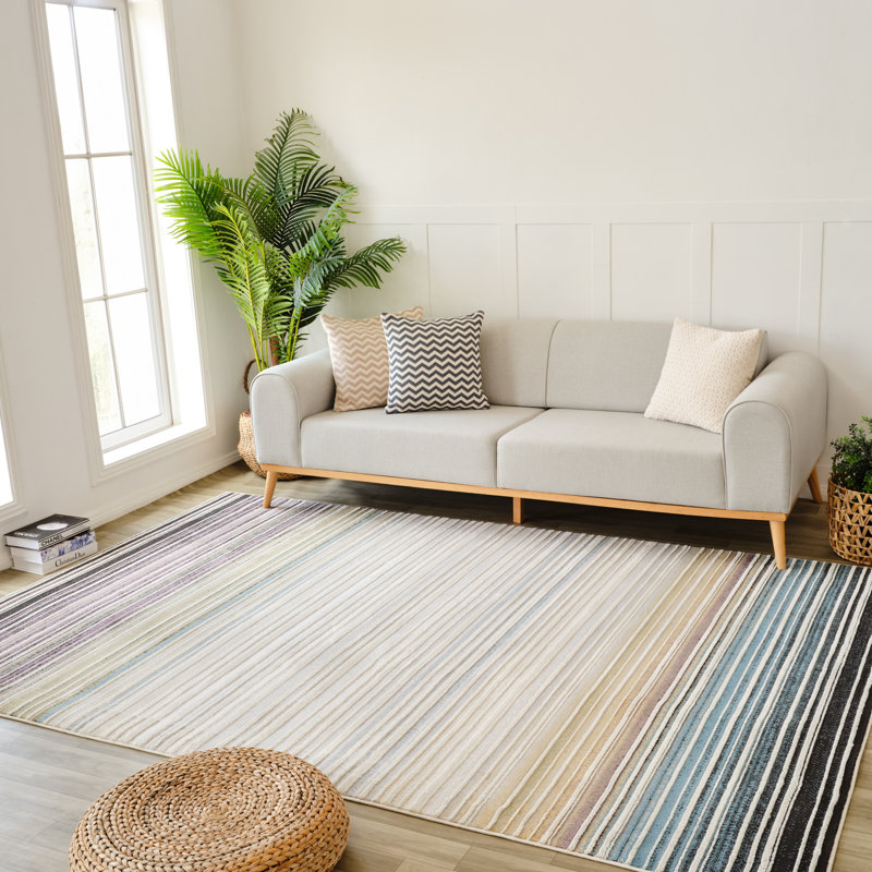 Rug Branch Mika 7' x 10' (6'7" x 9'6") Beige/Blue Striped Indoor Area Rug, Contemporary, Medium Pile, Stain-Resistant Carpet - Living Room, Bedroom, Dining Room, and Kitchen