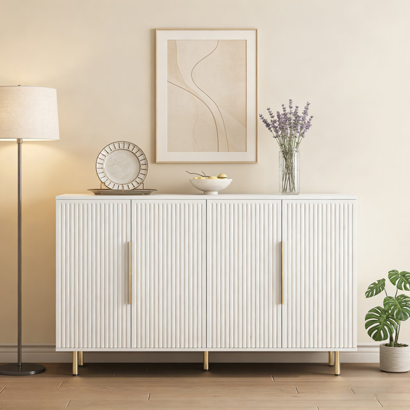 White Modern Fluted Buffet Cabinet With Adjustable Shelves, Large Storage Sideboard & Console Table, White