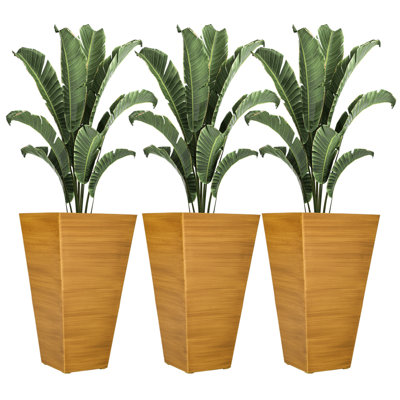 Outsunny 28" Tall Outdoor Planters, Set Of 3 Large Taper Planters With Drainage Holes And Plug, Faux Wood Plastic Flower Pots For Outdoor, Indoor, Garden, Patio, Tan