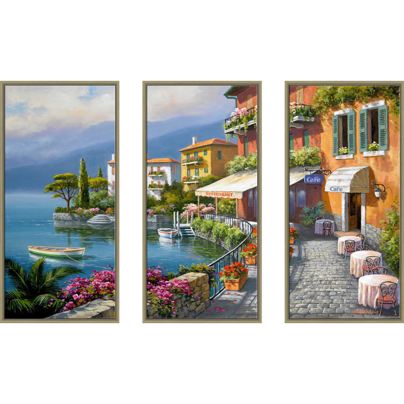 «Seaside Bistro Cafe» par Sung Kim, reproduction de 3 pièces sur toile flottante, H 41,5 po x l 64,5 po x P 2 po