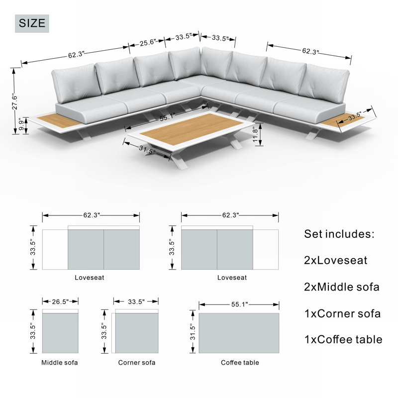 Ensemble de conversation modulaire 4 pièces avec coussins, Blanc, Blanc