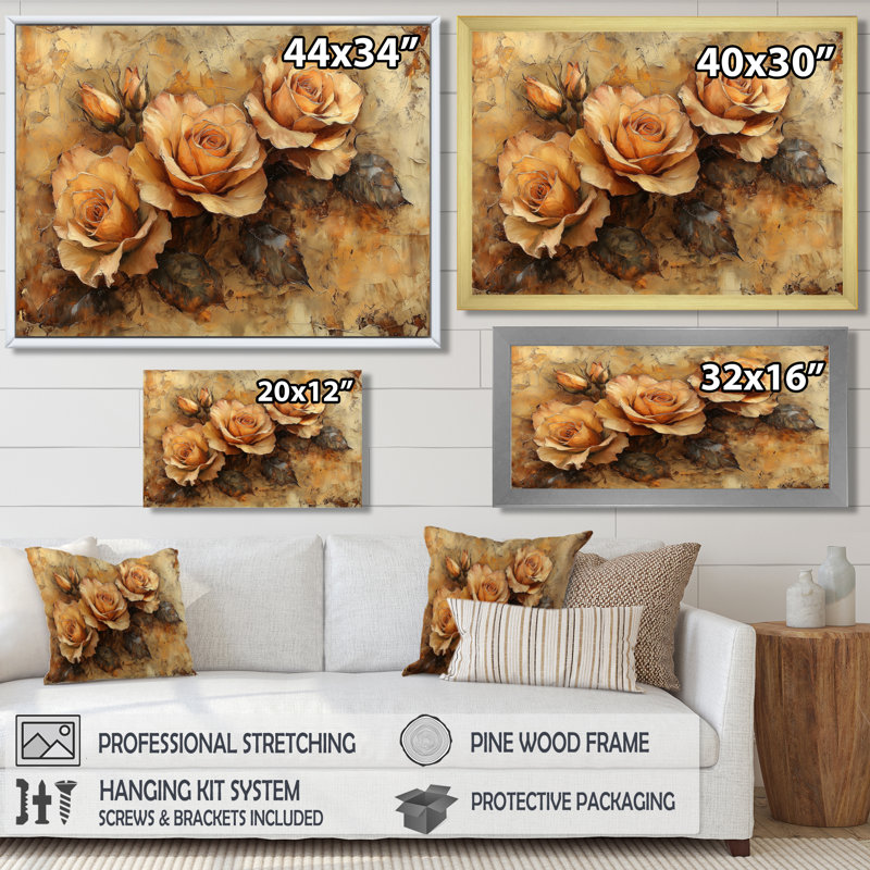 Inayat Roses Earth Tones Blooms I - Roses, art mural sur toile, Argent, H 30 po x l 40 po, Impression encadrée flottante