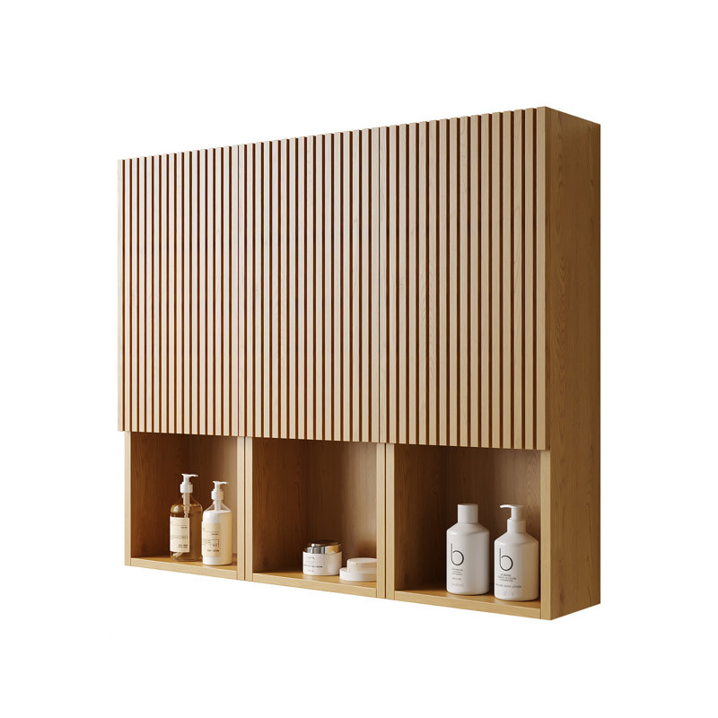 41" Bathroom Cabinetry - 3 Cabinets Oak Wood Texture Plywood Frame Doors & Open Sections Semi- French 3d Groove Storage Cabinet Woodlike Structure Compartments Pattern