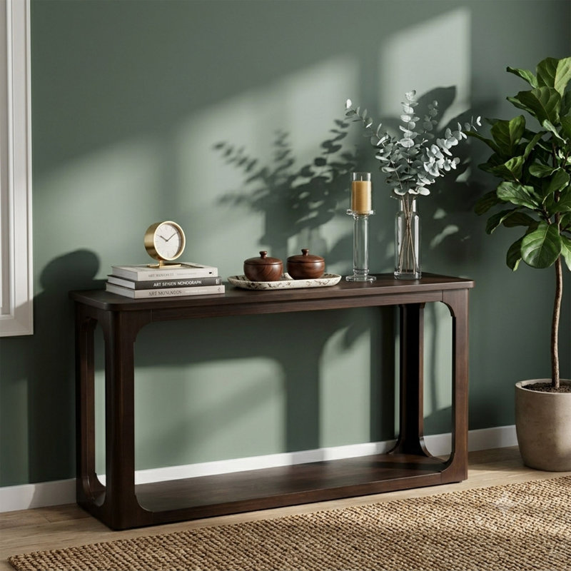 Console de 55 po avec découpes en arche ouverte et tablette inférieure, table d'entrée en placage de bois