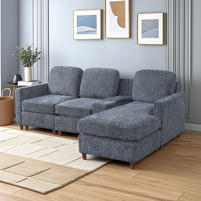Canapé d'angle moderne avec méridienne réversible, revêtement en chenille, console de rangement dissimulée, pieds en bois d'hévéa