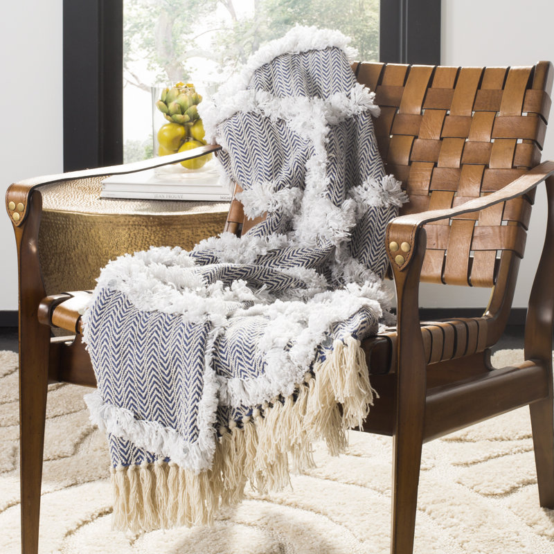 Gray Cotton Chevron Fringe Throw Blanket with Sequins