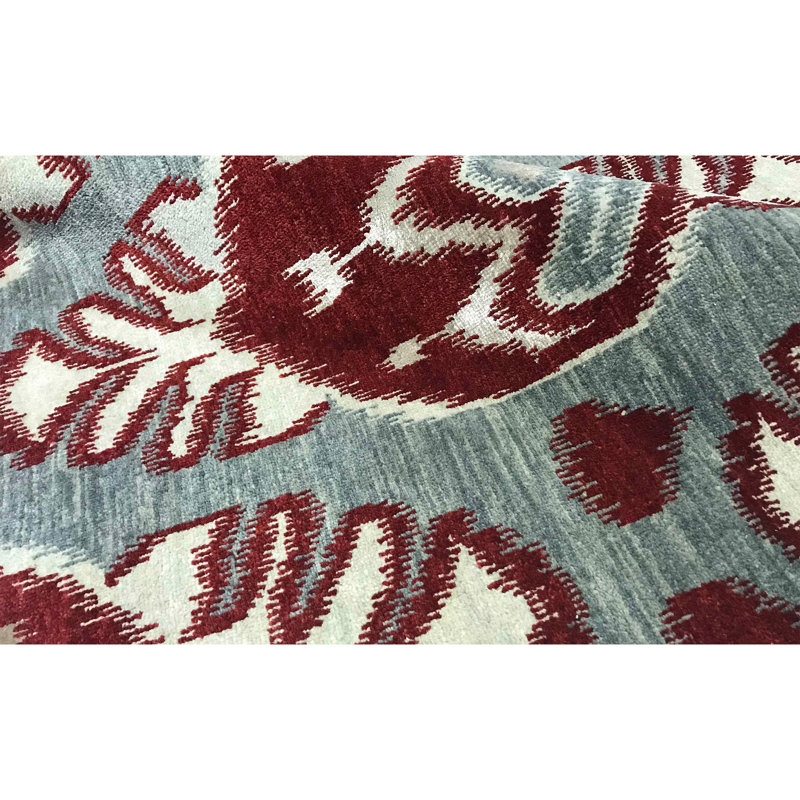 Tapis gris et rouge noué à la main de haute qualité