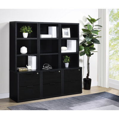 Three - Piece Bookcase , Black Finish, Adapting As Tower Shelf Or Wall Unit, With Open Shelving, Secure Drawers, And Built In Ports For Versatile Organization Primary Living Space Display