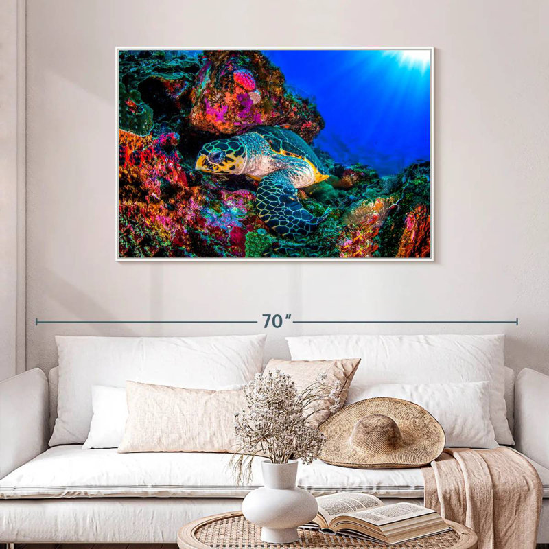 Tortue océan monde, 46 po x 31 po, Cadre flottant blanc