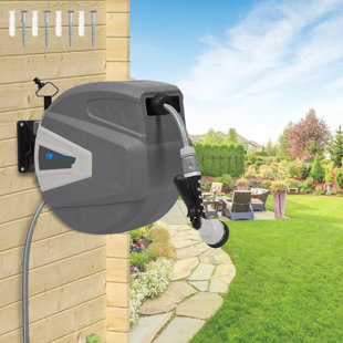 Roywel 5/8 Retractable Garden Hose Reel 100ft,Outdoor Hose Reel,Wall  Mounted,Automatic Rewind,180°Piovt, Any Length Lock, with 9- Function  Sprayer