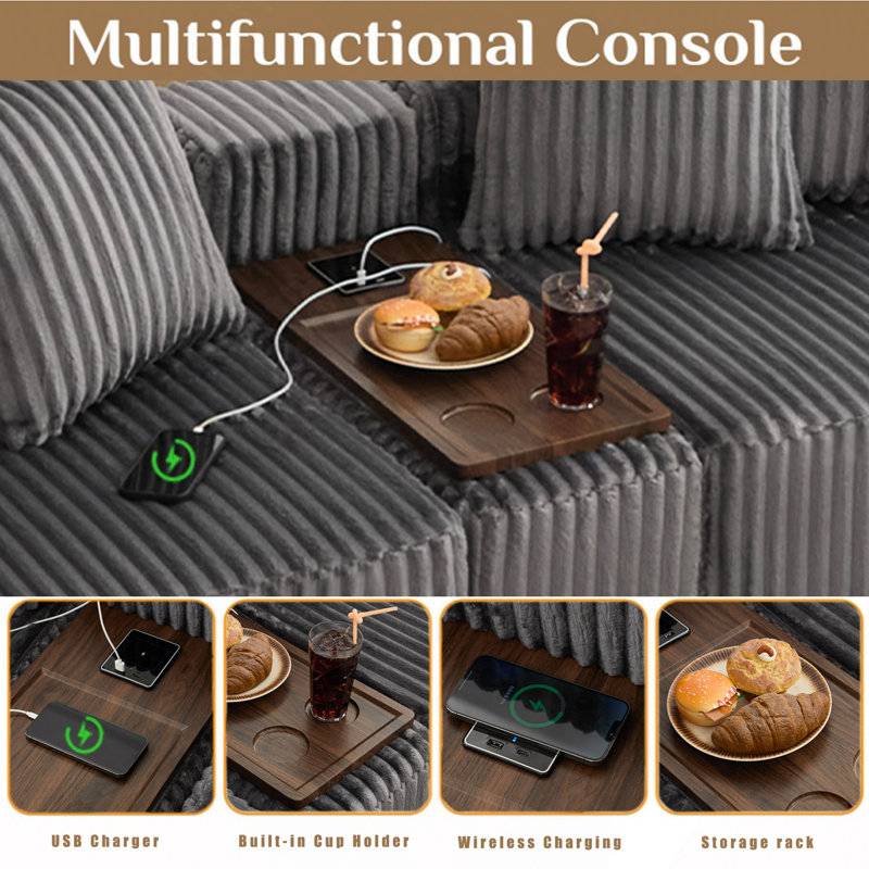 Canapé de 350 cm (137,5 po), chargement USB et sans fil, table basse avec porte-gobelet, canapé surdimensionné et déporté, repose-pieds amovible