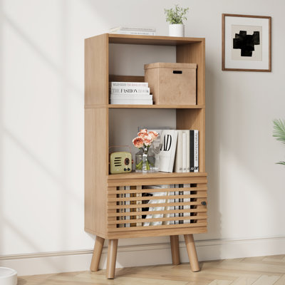 Small Bookcase, 43" H Open Shelf Cube Bookshelf With Slatted Door, Mid-century Bookcase With 3 Cubes, Open Shelves Display Storage Cabinet For Living Room, Home Office, Oak